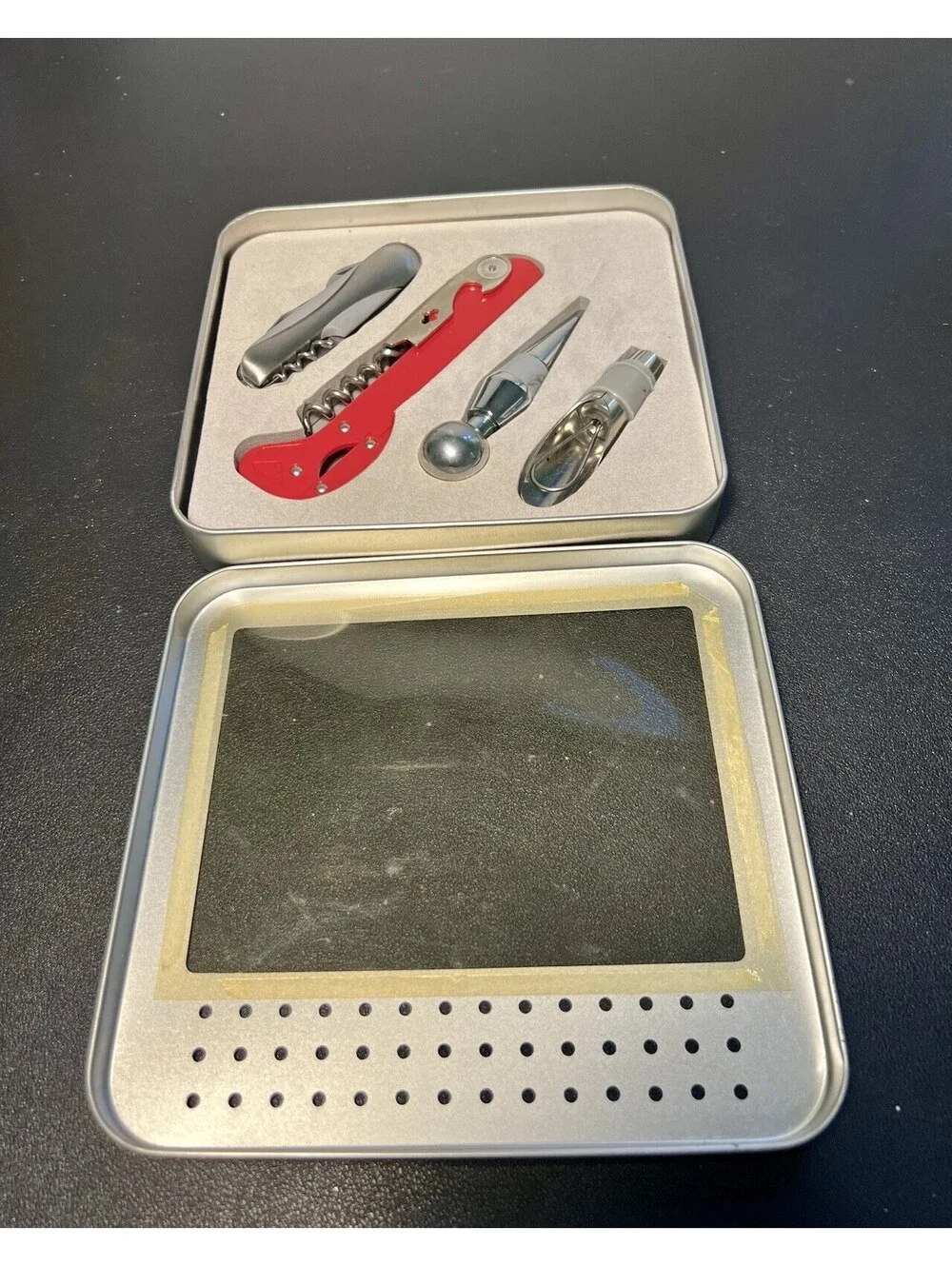 Bank Hapoalim Israel 4 Pc Wine Accessory Set Corkscrew Stoppers Silver Tin Box